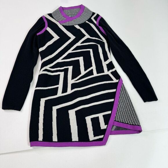 Title Nine Dress Women Sm Black Geometric Merino Wool Long-Sleeve Midi Comfort - Picture 1 of 9